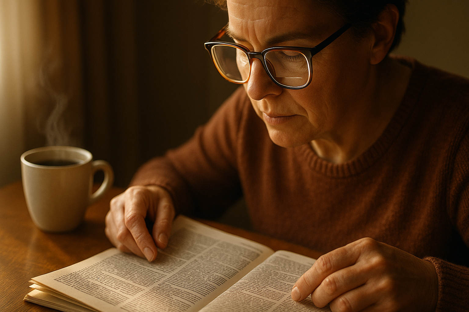 highlight bifocal glasses wearer reading newspaper with a cup of coffee on the table