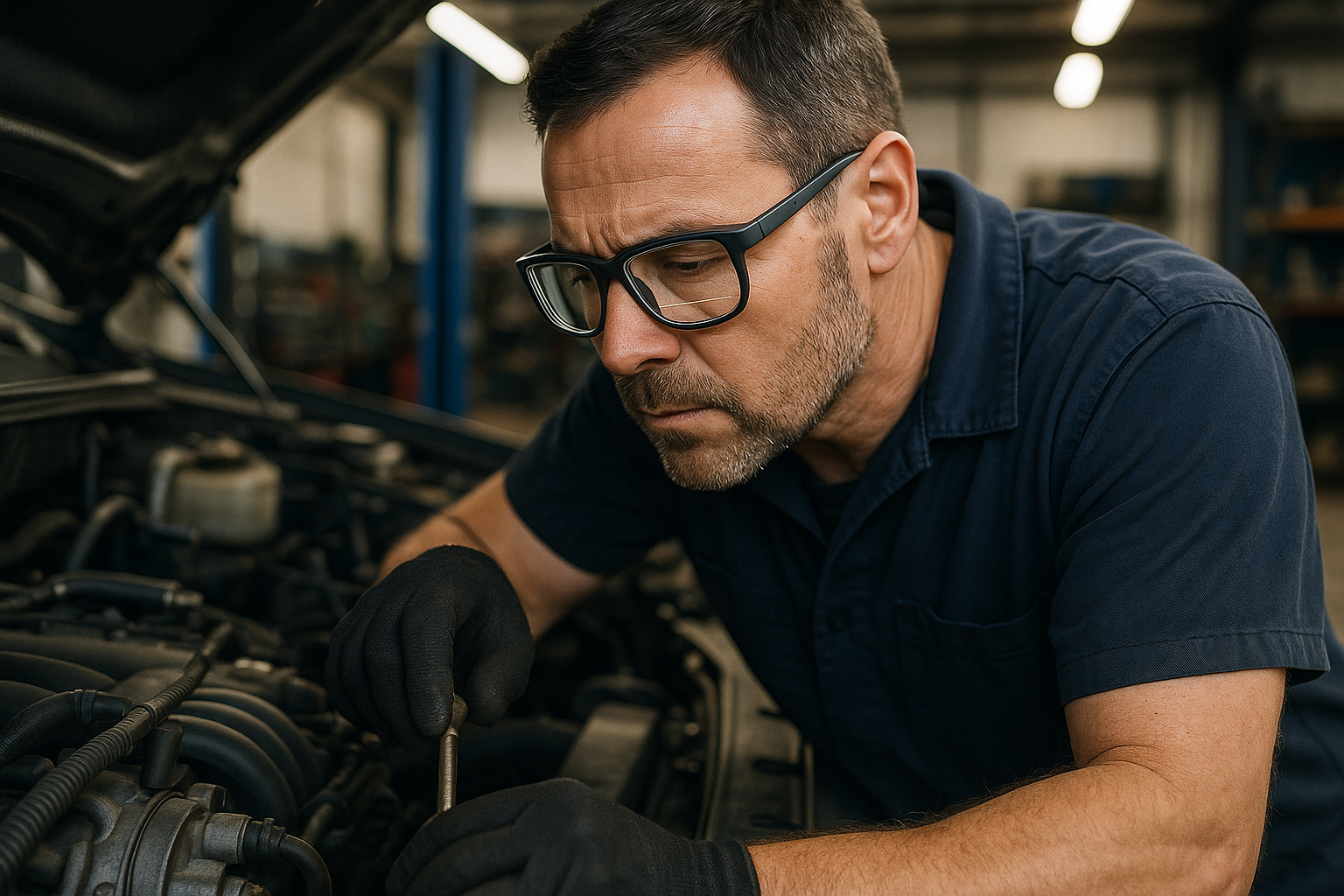 highlight occupational bifocal glasses on a mechanic 